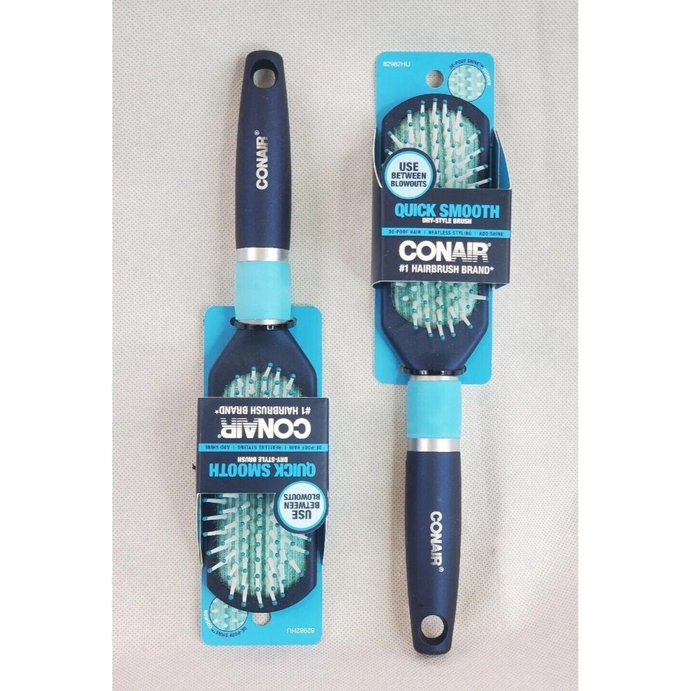 Lot of 2 Conair Quick Smooth Dry-Style De-Poof Cushion Hair Brush Blue New!